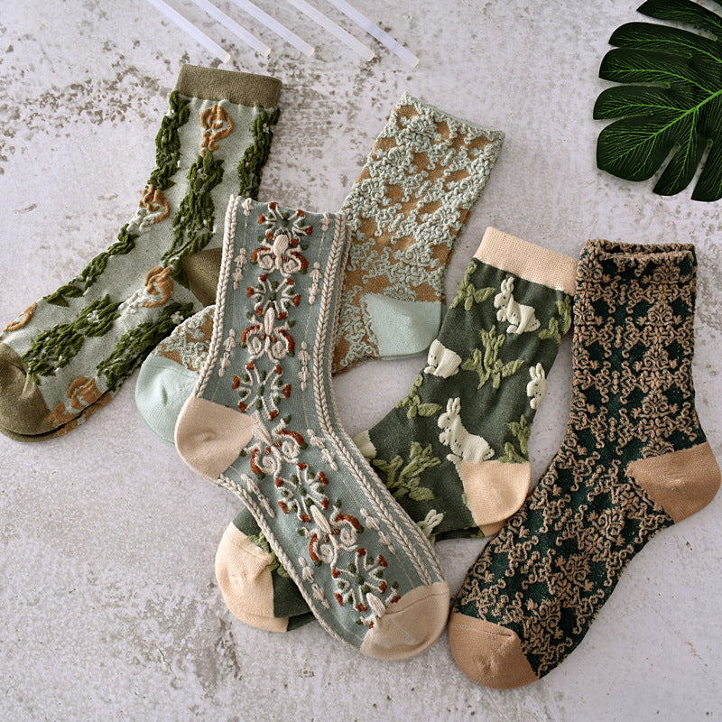 5 paires de chaussettes jacquard à plantes vintage pour femmes, printemps