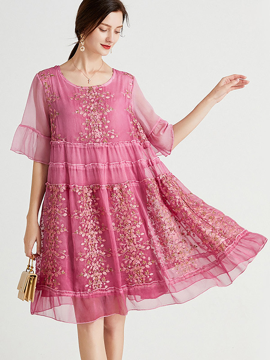 Women Elegant Summer Floral Embroidery Spliced Loose Dress