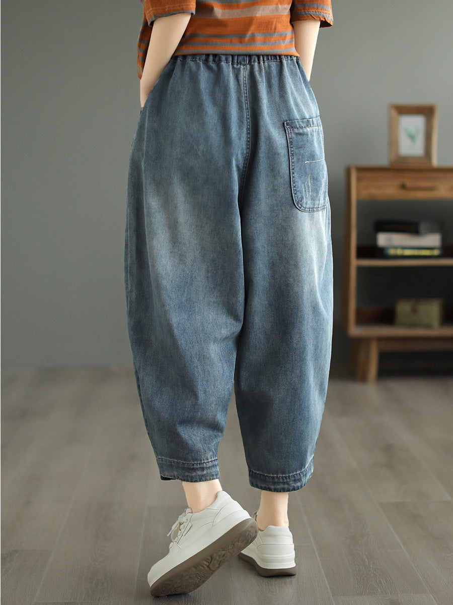 Pantalon sarouel en denim vieilli avec patch décontracté pour femmes