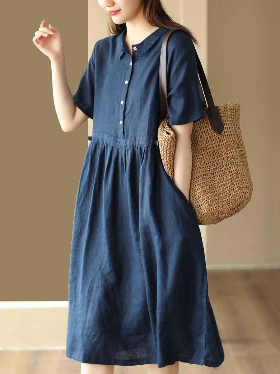 Women Commute Solid Summer Button Loose Linen Dress