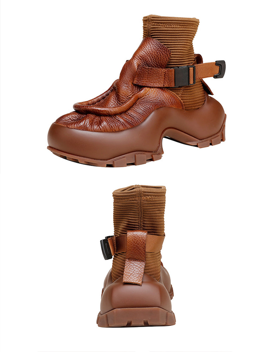 Women Vintage Leather Spliced Platform Sport Shoes