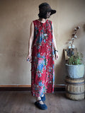 Women Ethnic Flower Slant Closure Split Hem Vest Dress