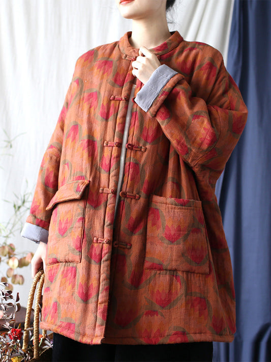 Women Ethnic Flower Print Winter Padded Cotton Coat