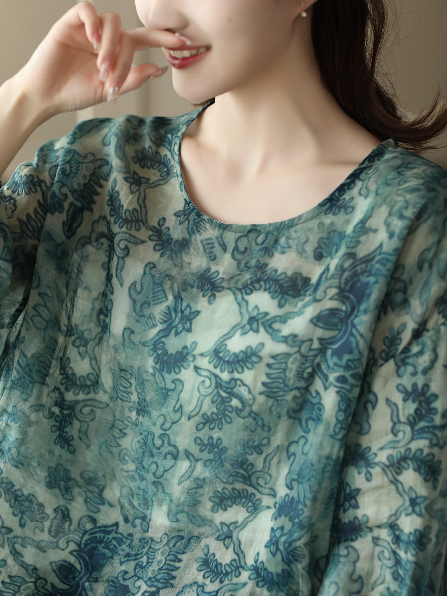 Women Vintage Worn Flower Pleat Pullover Ramie Shirt