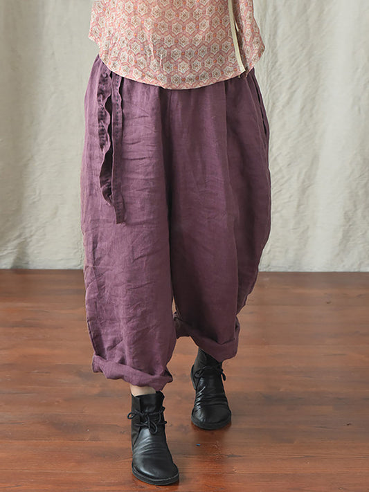 Women Casual Solid Drawstring Loose Linen Turnip Pants