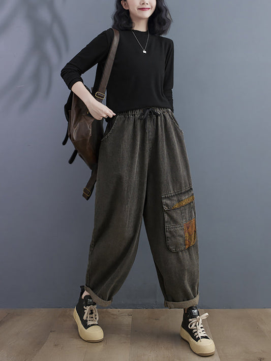 Pantalon sarouel en Denim ample épissé Vintage pour femme, hiver