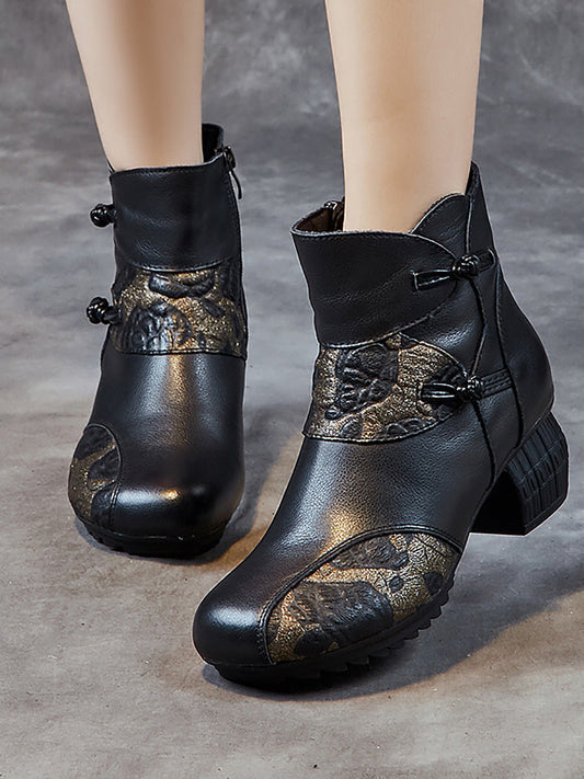 Women Vintage Winter Leather Flower Spliced Ankle Boots