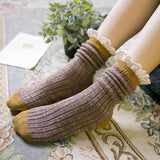 5 Pairs Women Japan Style Color Block Lace Socks