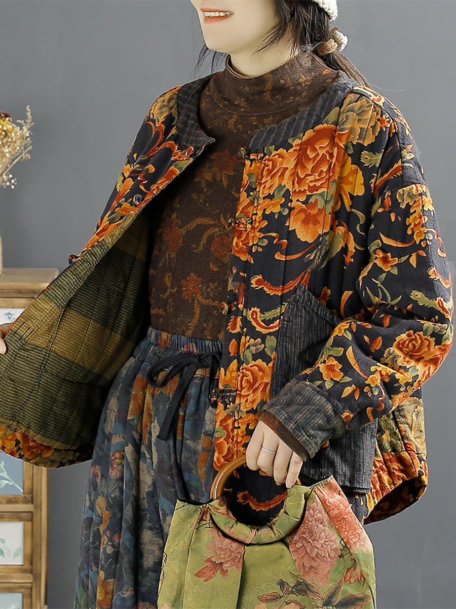 Women Ethnic Floral Spliced Winter Linen Padded Coat