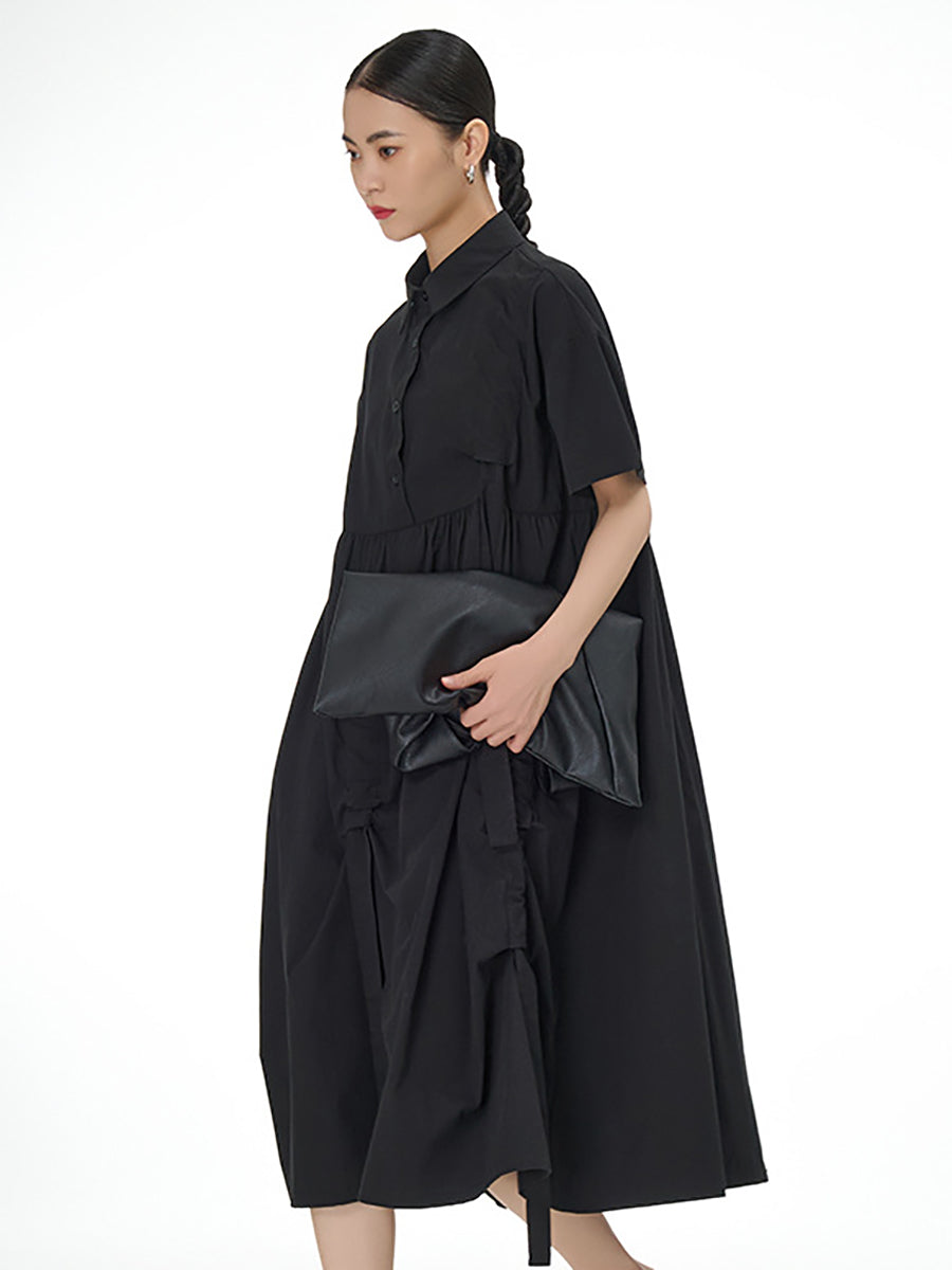 Women Summer Artsy Design Pleat Solid Shirt Dress