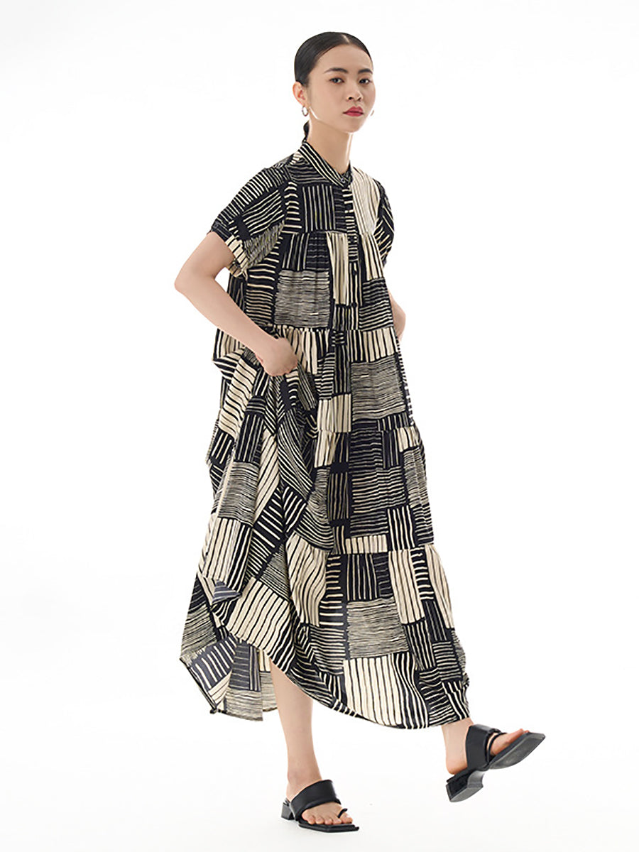 Women Summer Artsy Stripe Colorblock Loose Dress