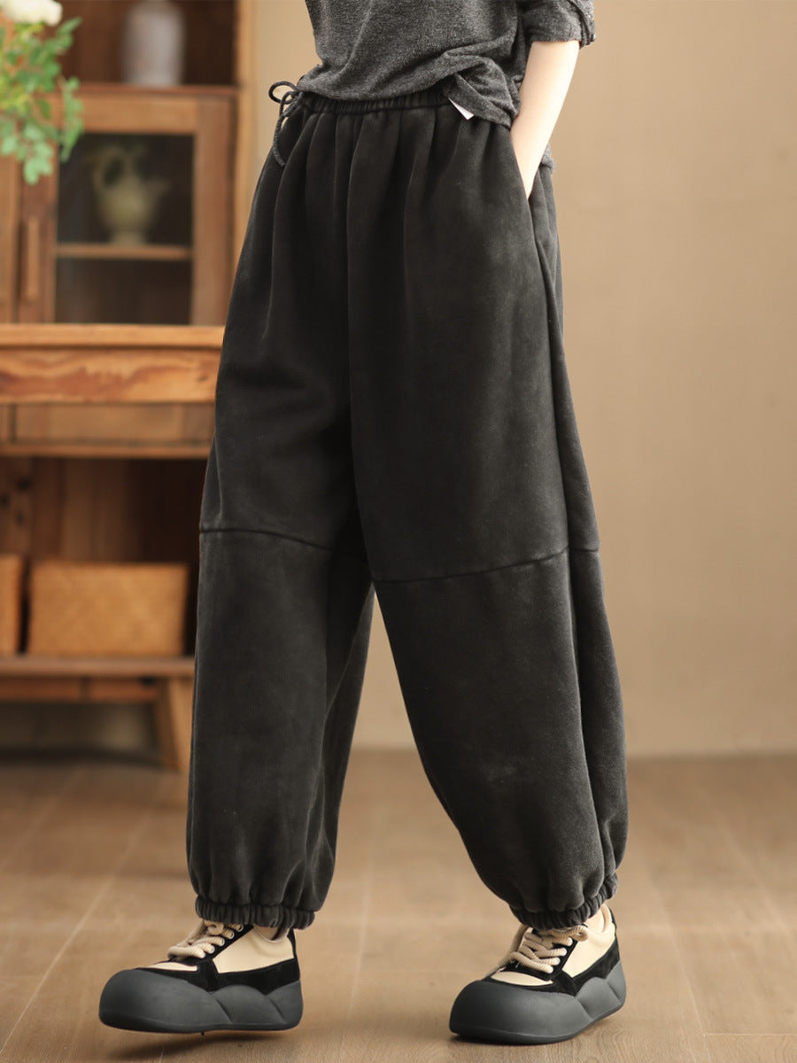 Women Vintage Solid Fleeced-lined Harem Pants
