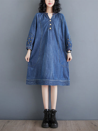 Women Summer Vintage Embroidery Loose Denim Dress