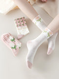 3 Pairs Women Spring Flower Jacquard Long Socks