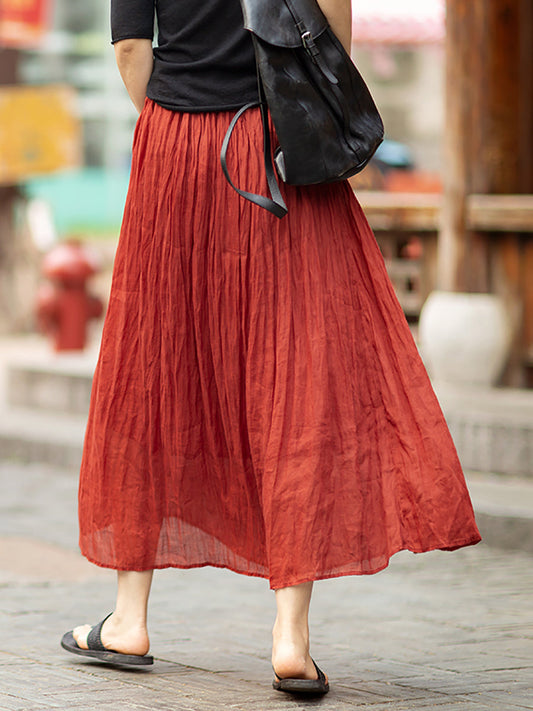 Women Summer Pleat Thin Dual-layer Red Ramie Skirt
