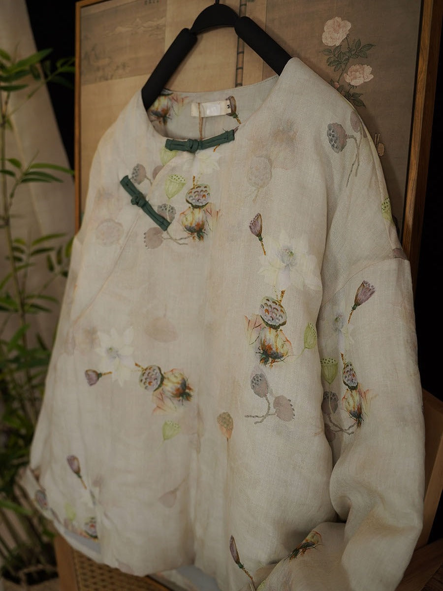 Women Vintage Flower Print Ramie Padded Coat