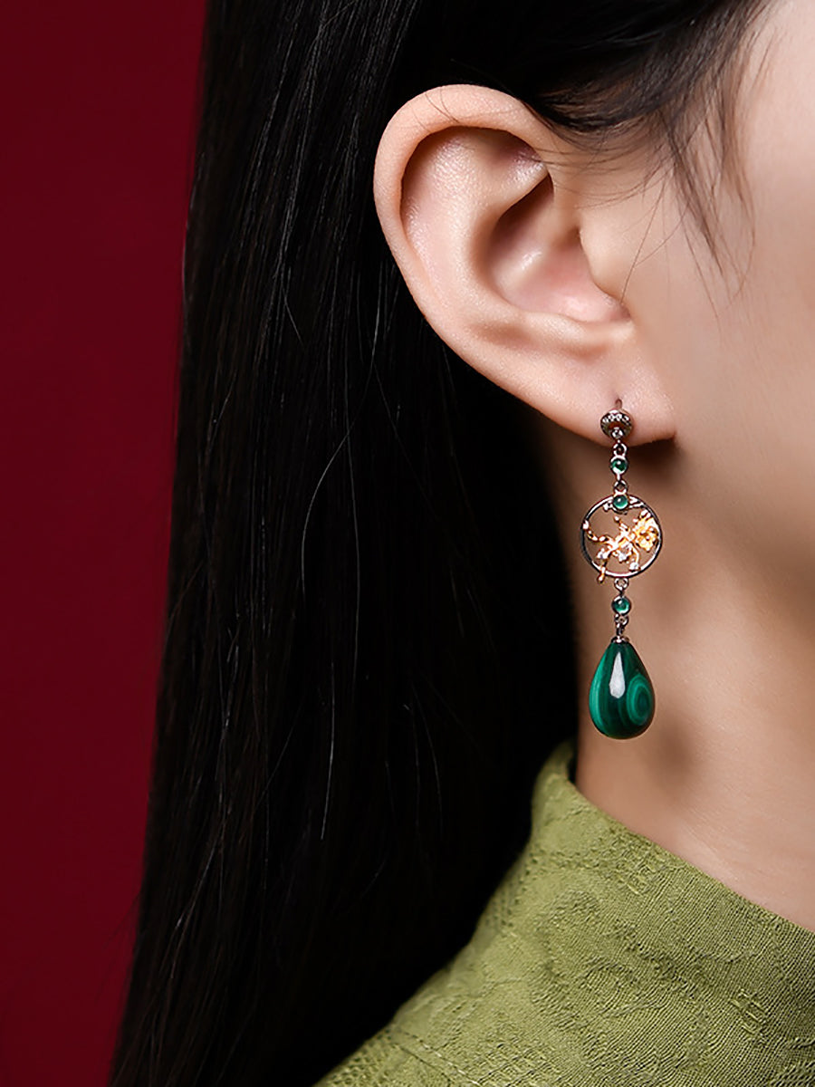 Women Vintage Green Malachite Sliver Flower Earrings