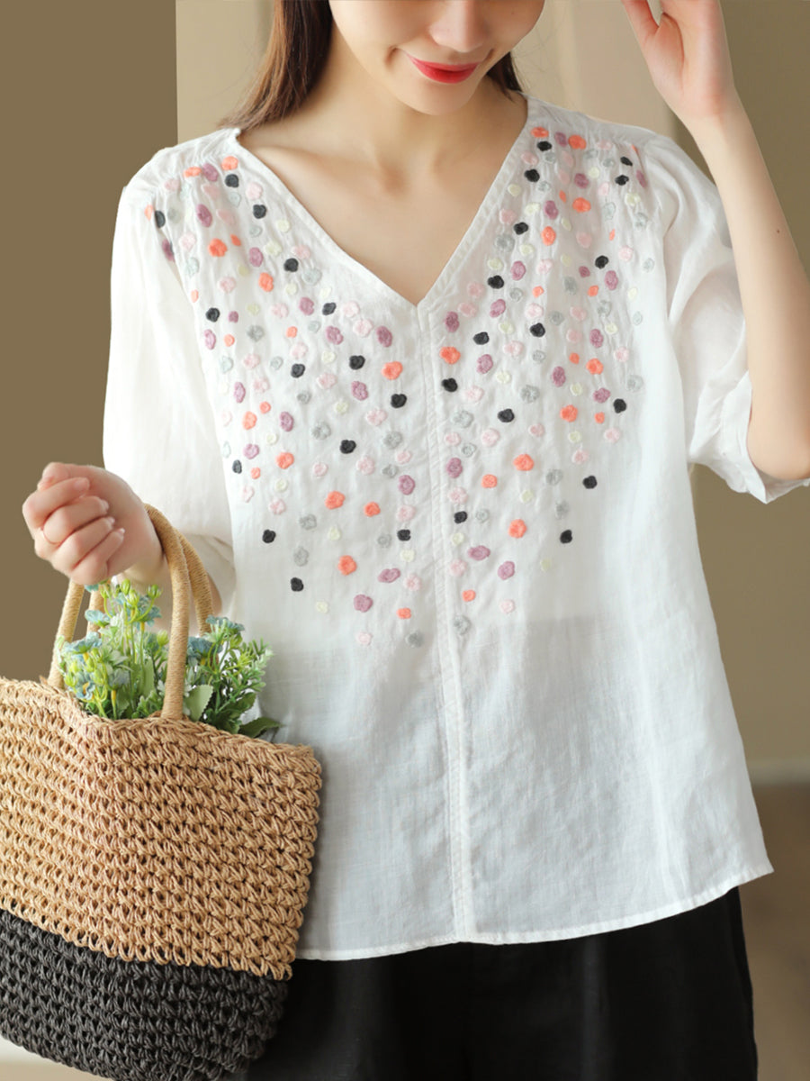 Women Summer Flower Embroidery V-Neck Ramie Shirt