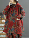 Plus Size Women Vintage Floral Autumn Warm Hooded Shirt