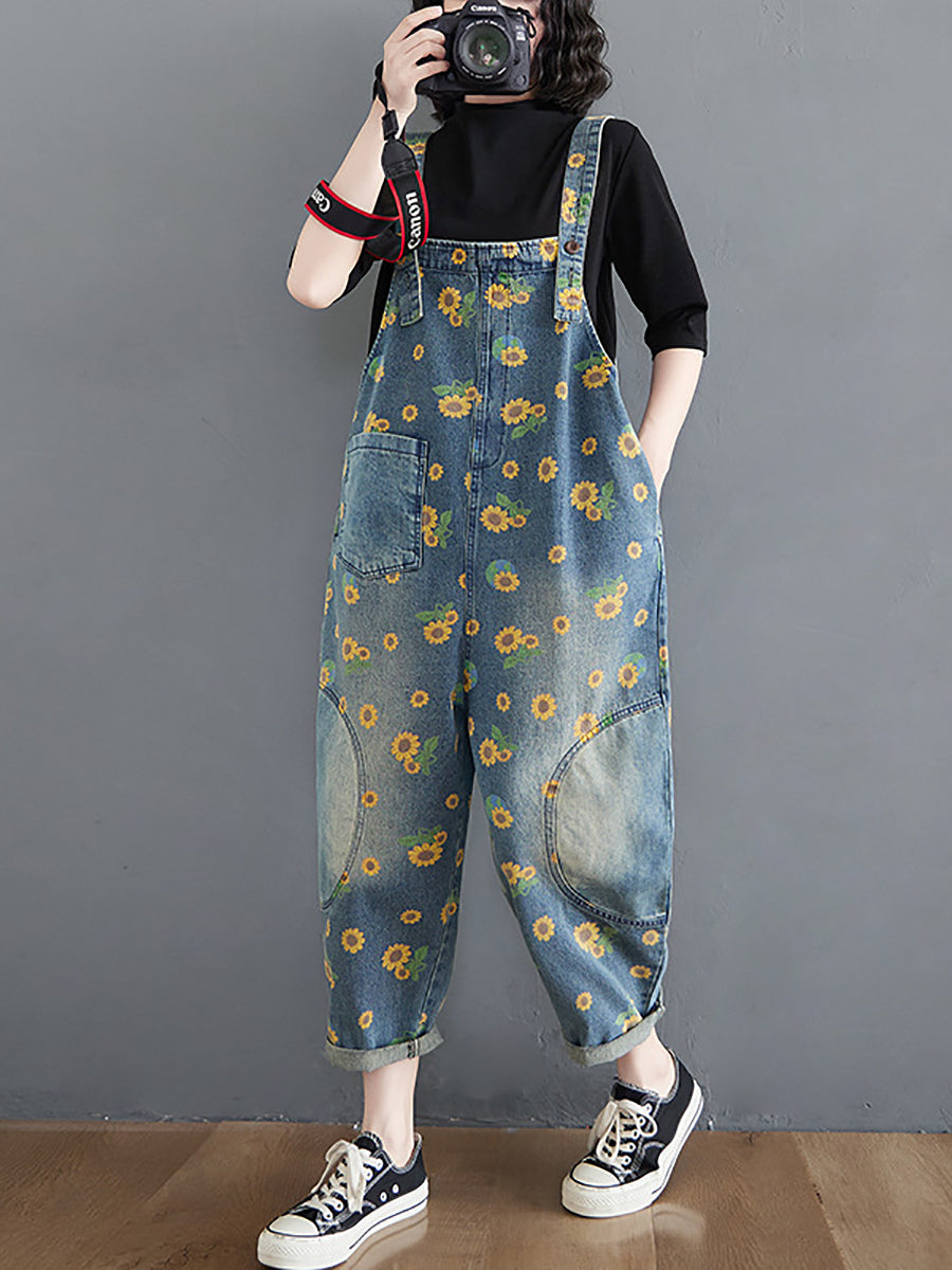 Women Summer Vintage Sunflower Worn Pocket Denim Jumpsuits