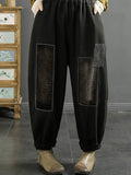 Women Vintage Patch Spliced Fleece-lined Denim Pants