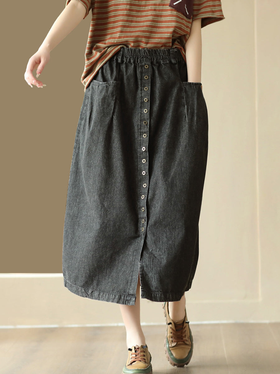 Women Casual Pocket Button Loose Sold Denim Skirt