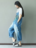 Women Summer Retro Splash-ink Pocket Loose Denim Jumpsuits