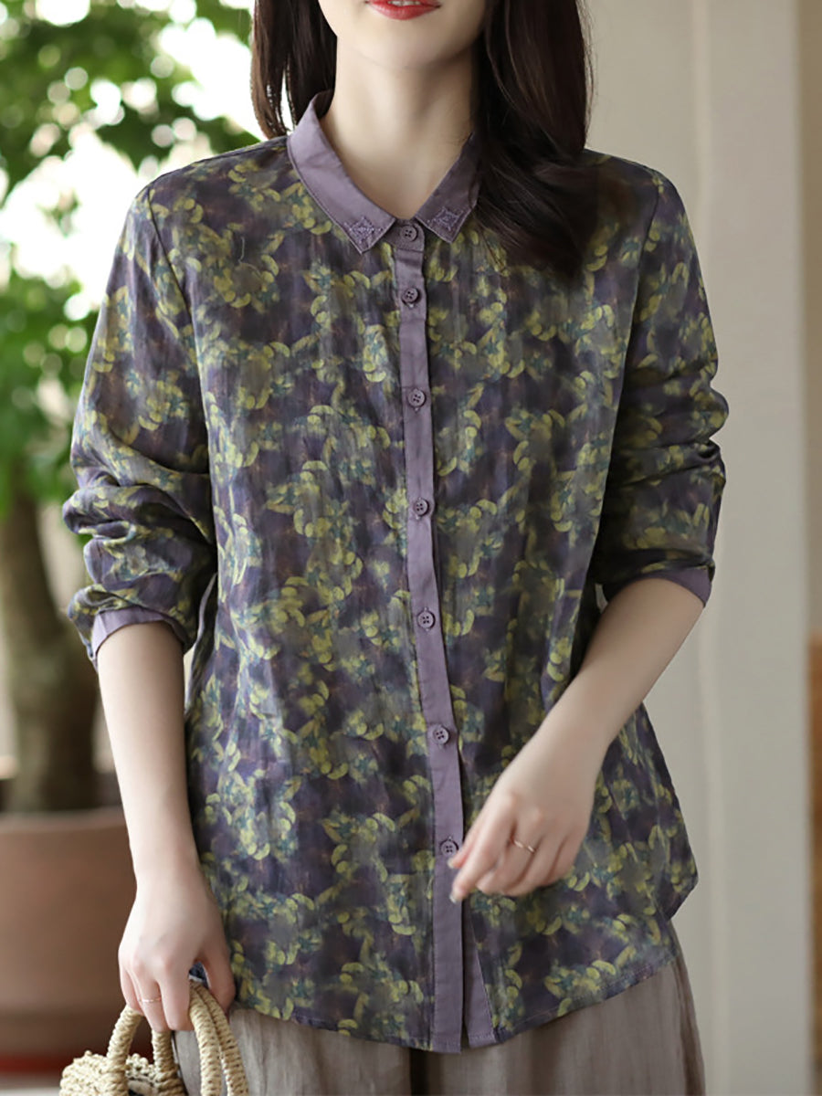 Chemise Ramie à boutons floraux vintage pour femmes