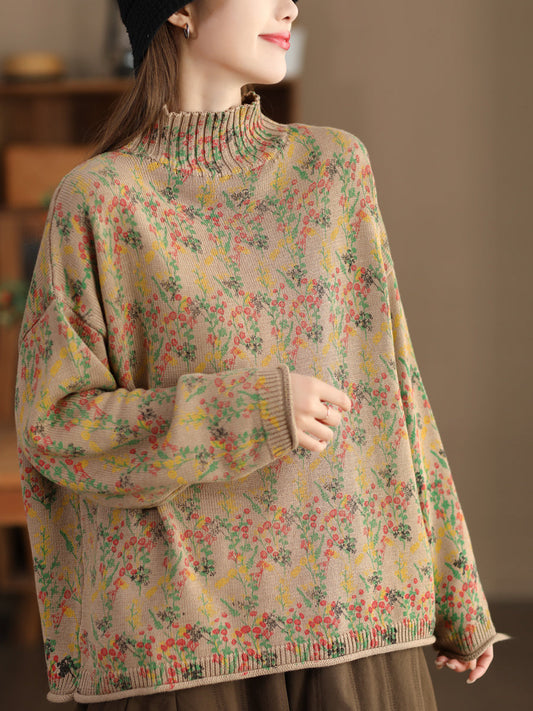 Women Vintage Floral Turtleneck Knitted Sweater