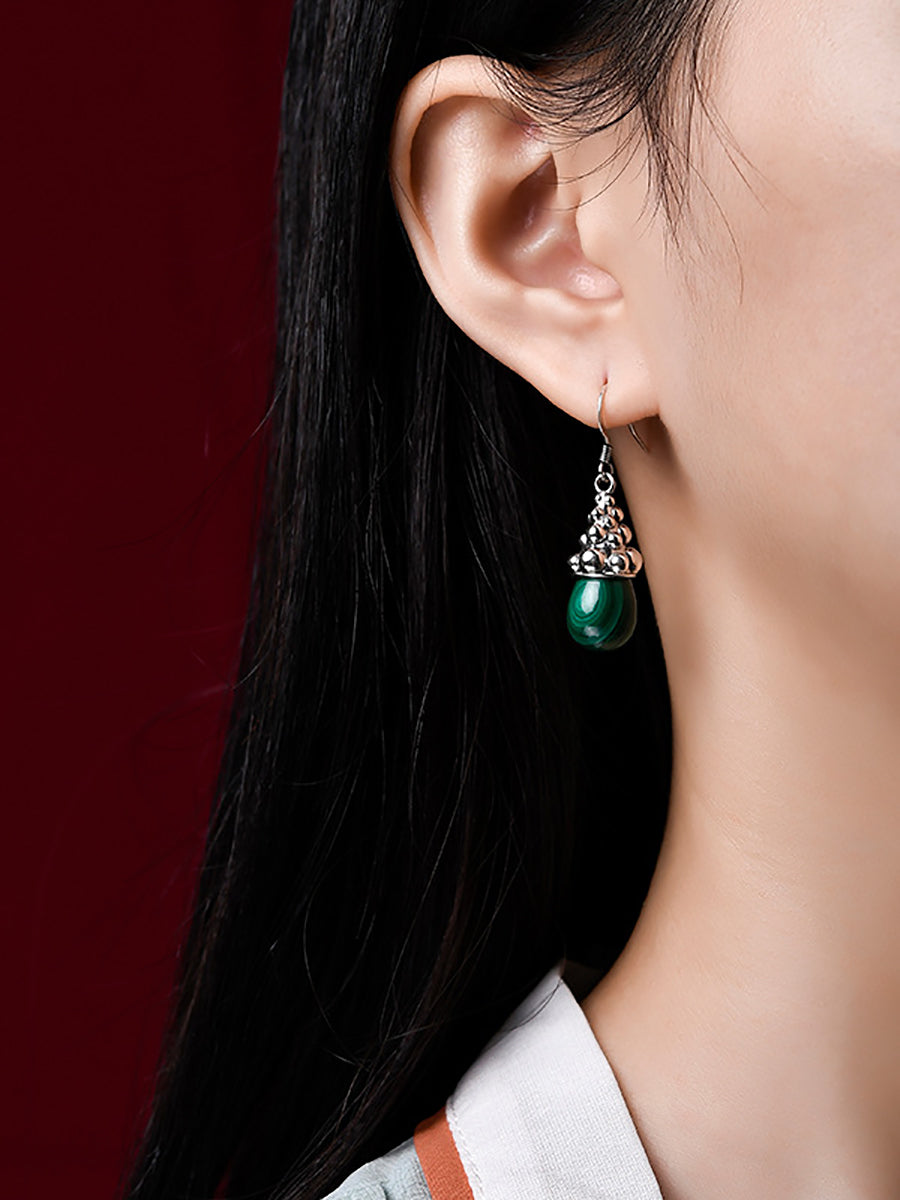 Women Vintage Malachite Sliver Inlaid Earrings