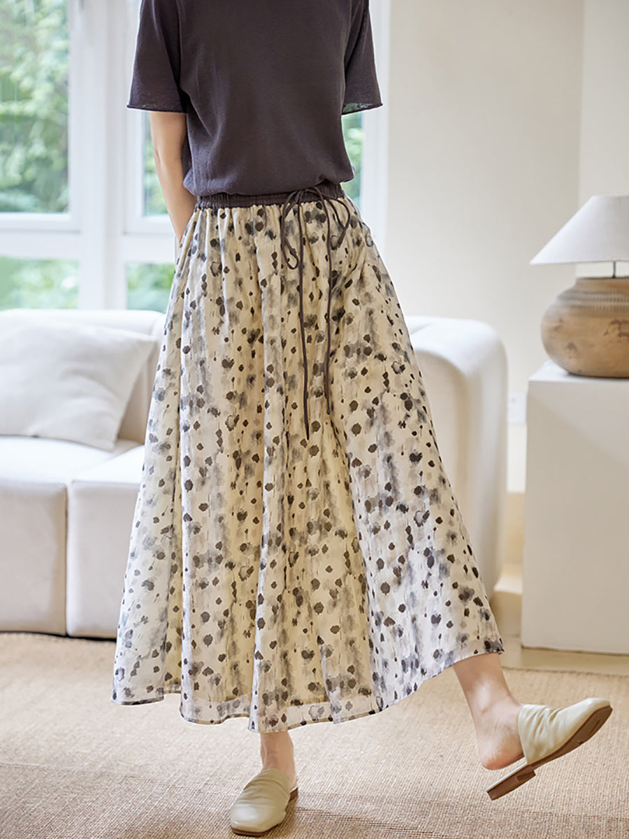 Women Summer Dot Spliced Pleat Drawstring Loose Skirt