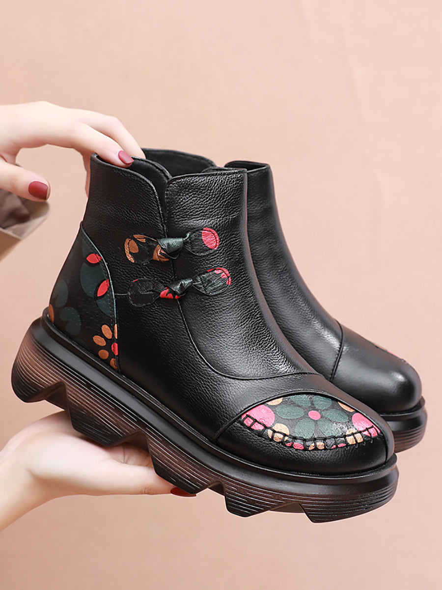 Women Retro Genuine Leather Flower Winter Boots