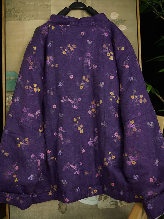 Women Vintage Floral Print V-Neck Linen Padded Coat