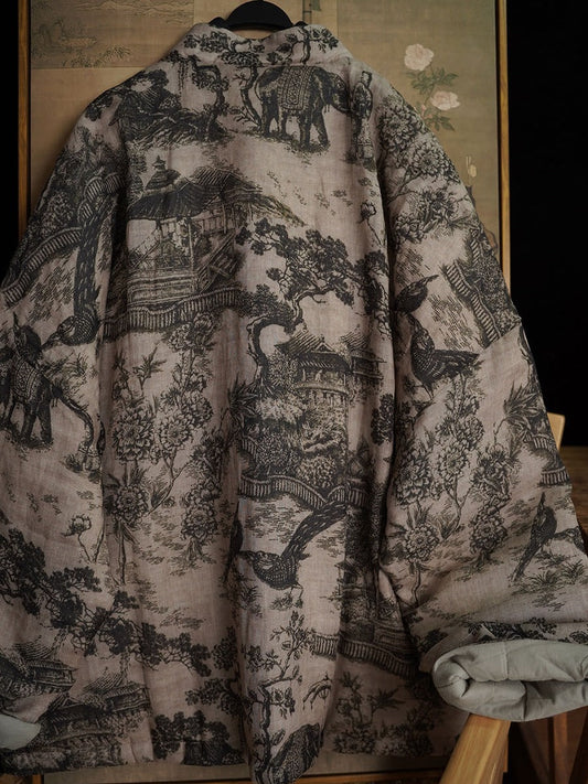 Women Ethnic Print Ramie Winter Padded Coat