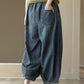 Women Retro Elastic Waist Pocket Solid Ankle-Length Pants