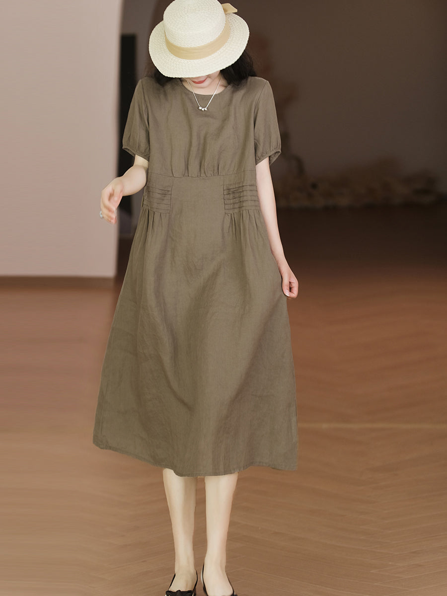 Women Summer Casual Solid Pleat Pocket Linen Loose Dress