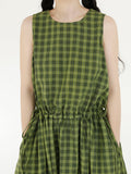 Women Summer Vintage Plaid Drawstring Pocket Loose Vest Dress