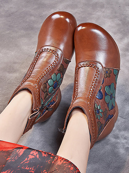 Women Vintage Leather Flower Jacquard Ankle Boots