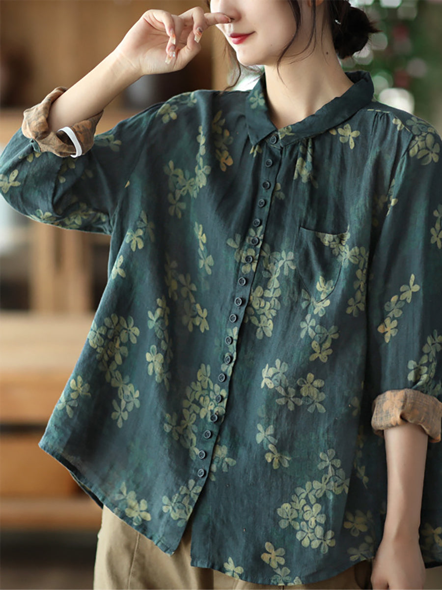 Summer Vintage Printed Linen Shirt Turn-down Collar Top