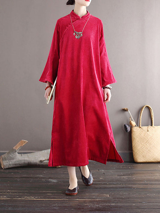 Women Vintage Corduroy Solid Button National Dress