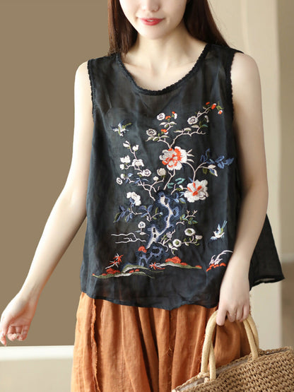 Women Vintage Flower Embroidery Lace Ramie Vest Shirt