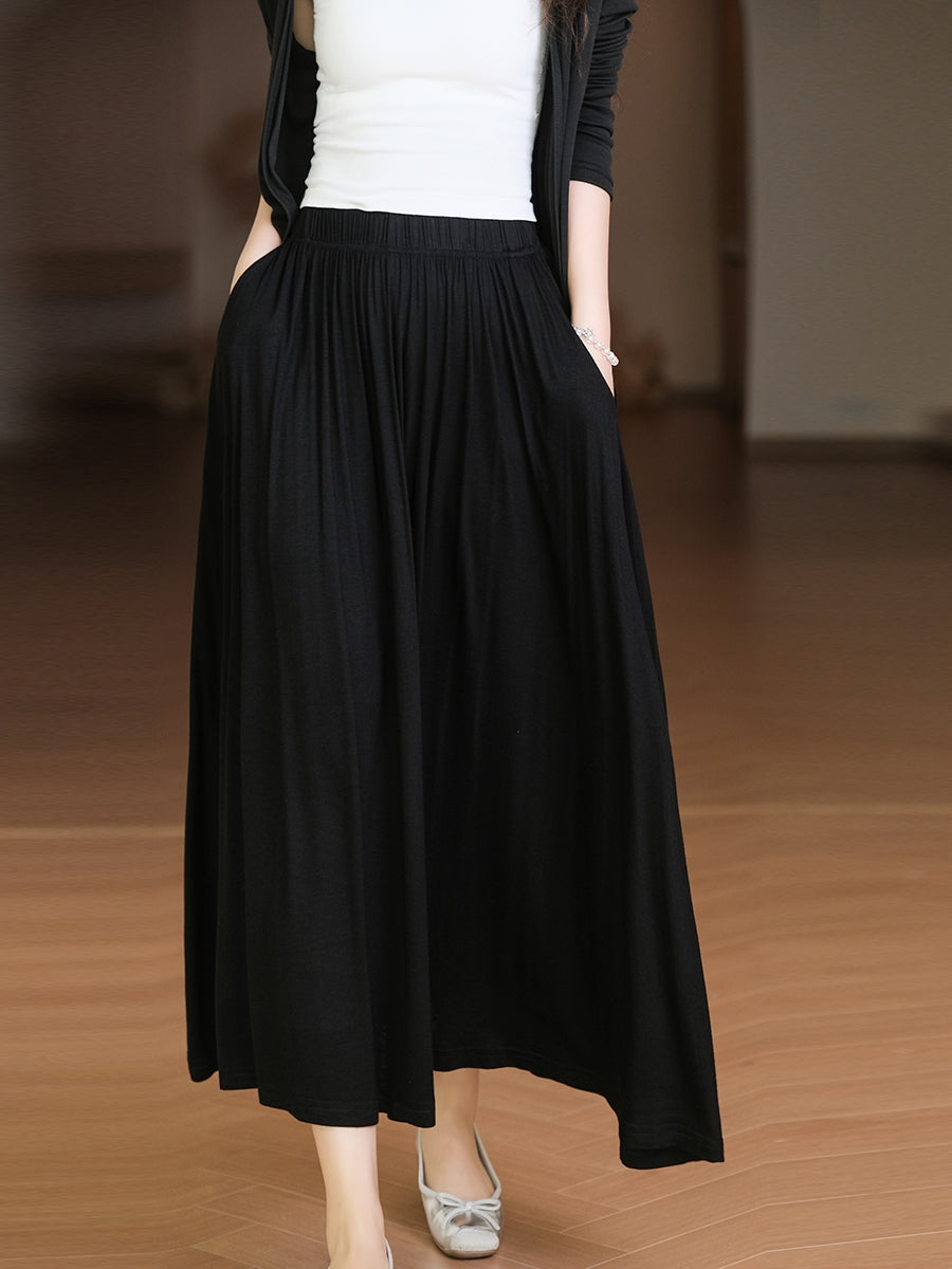 Women Summer Solid Casual Loose Pleat Skirt