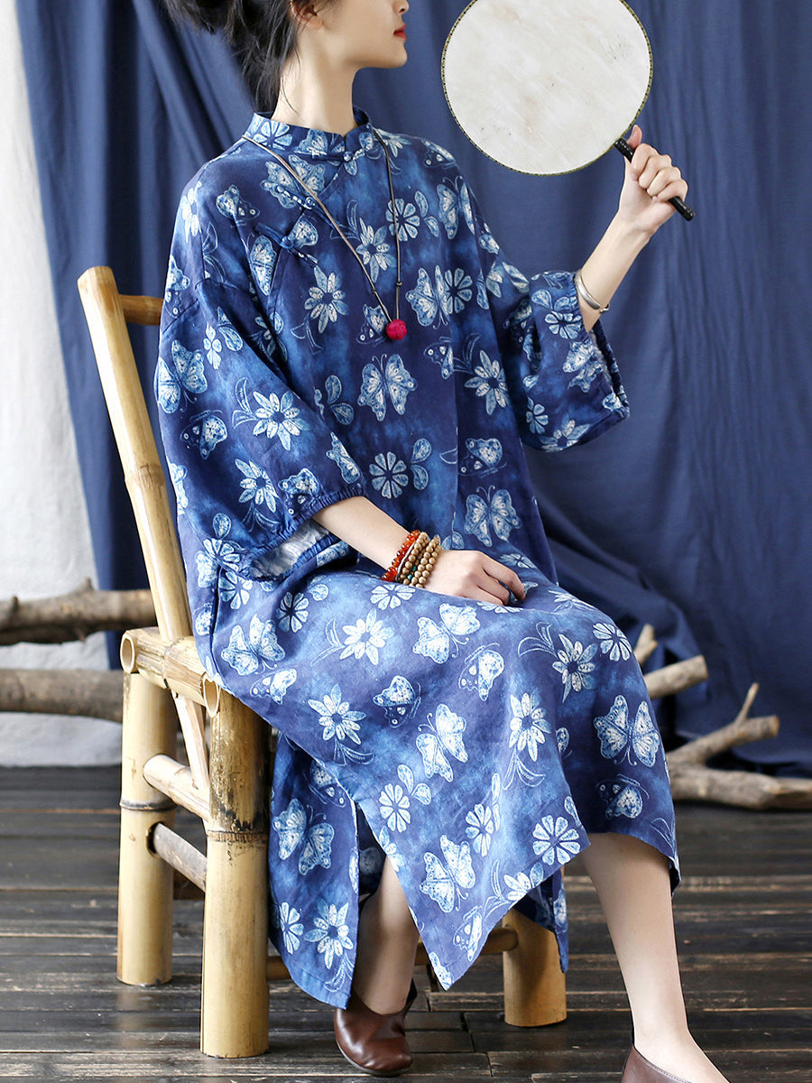 Women Vintage Flower Tie-dye Split Hem Loose Linen Dress