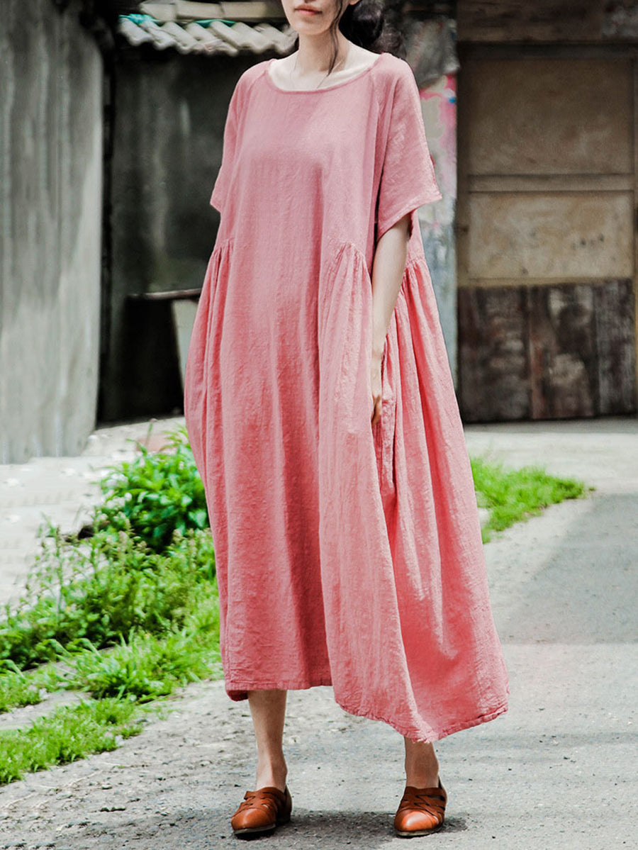 Women Summer Vintage Pleat Solid Loose Cotton Linen Dress