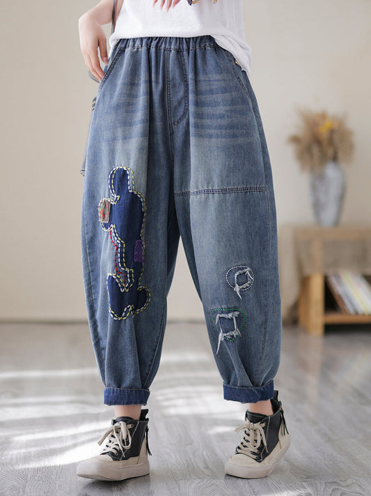 Women Retro Patch Stitching Spliced Frayed Denim Pants