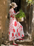 Women Summer Irregular Red Dot Drawstring Loose Dress