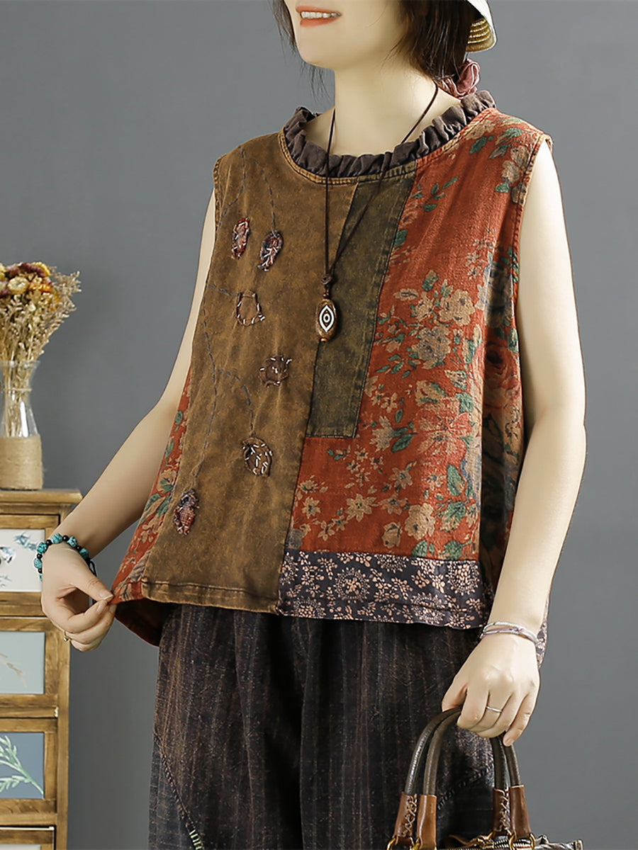 Women National Ethnic Spliced Floral Lacework Vest