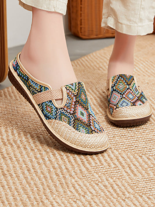Chaussures d'été en paille tricotées géométriques ethniques pour femmes