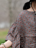 Women Retro Summer Floral Ruffle-sleeve Draped Linen Shirt