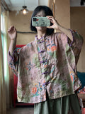 Women Summer Vintage Floral Button Loose Linen Shirt